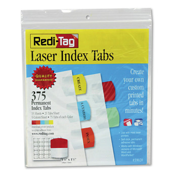 BINDERS AND BINDING SUPPLIES | Redi-Tag B39020 1.13 in. Wide 1/5-Cut Inkjet Printable Index Tabs - Assorted Colors (375/Pack)