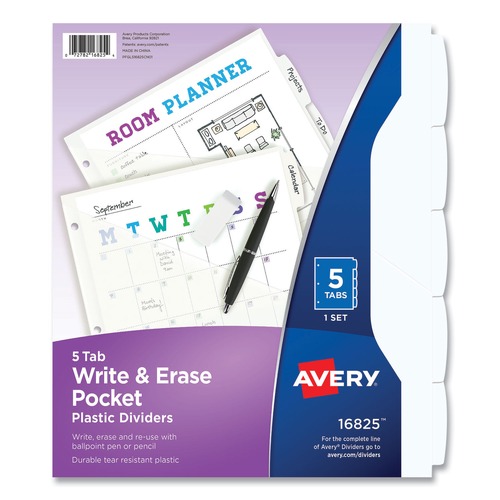 Dividers & Tabs | Avery 16825 5-Tab 11.13 in. x 9.25 in. Write and Erase Durable Plastic Dividers with Straight Pocket - White (1-Set) image number 0