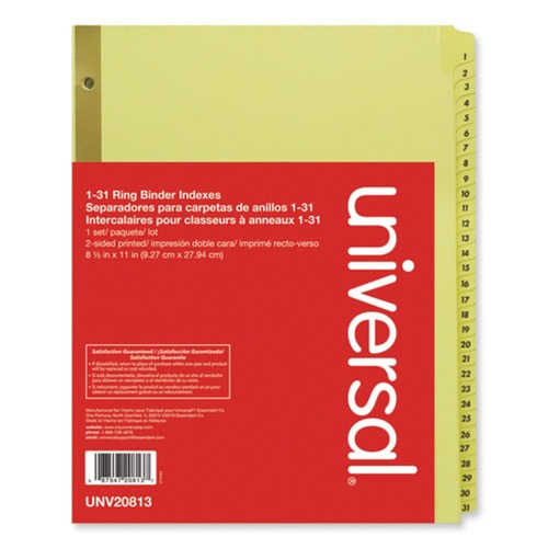 Dividers & Tabs | Universal UNV20813 Deluxe Preprinted Plastic Coated 1-to-31 Tab Dividers with Black Printing - Buff (1 Set) image number 0