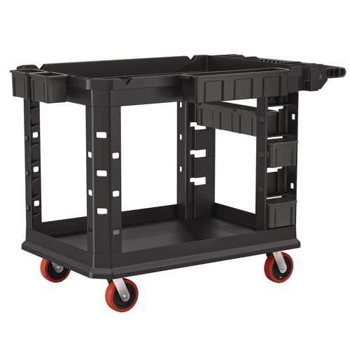 Cleaning Carts | Suncast Commercial PUCHD2645 26.5 in. x 48.78 in. x 34.81 in. 2 Shelves 6 Bins Plastic Heavy Duty Plus Utility Cart - Black image number 0