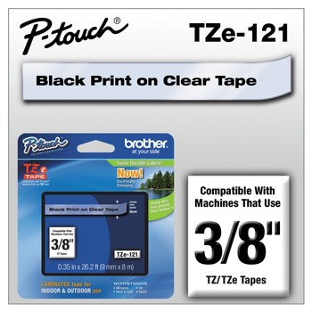 Brother P-Touch TZE121 0.35 in. x 26.2 ft. TZe Standard Adhesive Laminated Labeling Tape - Black on Clear