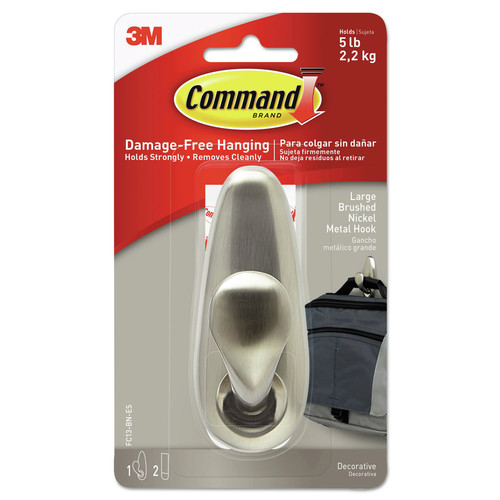 Wall Racks & Hooks | Command FC13-BN-ES 5 lbs. Capacity Adhesive Mount Metal Hook - Large, Brushed Nickel Finish (1 Hook and 2 Strips/Pack) image number 0