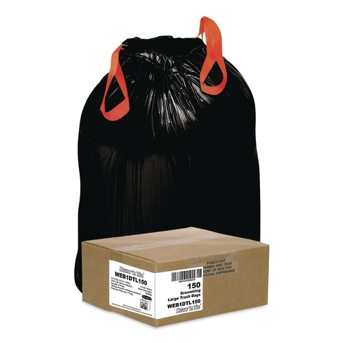 Trash Bags | Draw 'n Tie 1518607 Drawstring 33 Gallon 1.2 mil 33.5 in. x 38 in. Heavy-Duty Trash Bags - Black (150/Box) image number 0