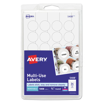 Avery 05408 0.75 in. Diameter Removable Multi-Use Labels for Inkjet/Laser Printers - White (24/Sheet, 42 Sheets/Pack)
