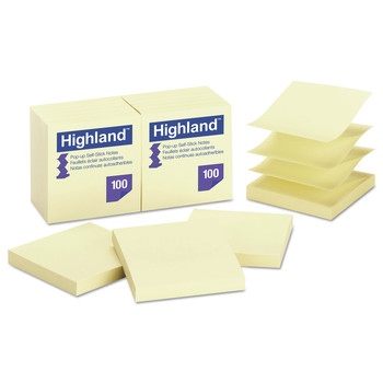 Highland 6549-PUY 3 in. x 3 in. Self-Stick Pop-up Notes - Yellow (12 Pads/Pack)