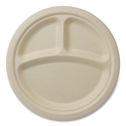 Bowls and Plates | World Centric PLSC9TLFS 9 in. Diameter 3-Compartment Paper Fiber Plates - Natural (1000/Carton) image number 0