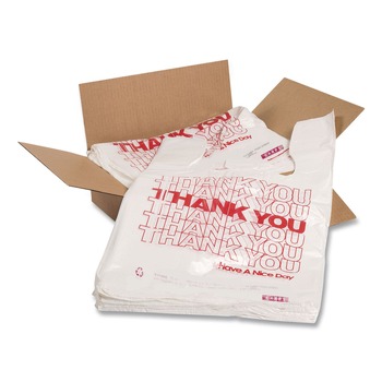 RETAIL STORE SUPPLIES | Barnes Paper Company 18830THYOU 18 in. x 8 in. x 30 in. Thank You High-Density Shopping Bags - White/Red (500/Carton)