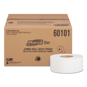 Marcal PRO 60101 2 Ply 3.3 in. x 1000 ft. Septic Safe 100% Recycled Bathroom Tissues - White (12/Carton)