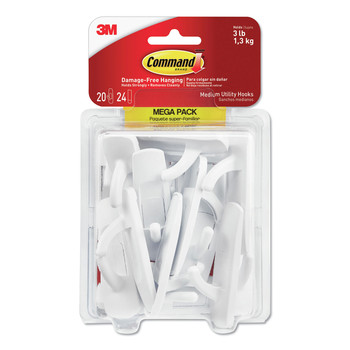 Command 17001ES-MEGA 3 lbs. Capacity Medium Plastic General Purpose Hooks - White (20/Pack)