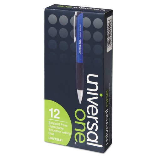 Back to School Sale | Universal UNV15541 1 mm Retractable Blue Barrel Comfort Grip Ballpoint Pen - Medium, Blue Ink (1 Dozen) image number 0