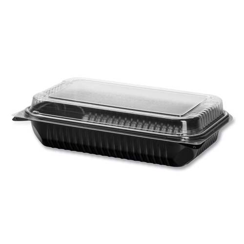 Food Trays, Containers, and Lids | SOLO 919017-PM94 11.5 in. x 8 in. MPS Plastic Hinged Lid Dinner Box - Black/Clear (100/Carton) image number 0