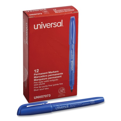 Permanent Markers | Universal UNV07073 Fine Bullet Tip Pen-Style Permanent Marker - Blue (1 Dozen) image number 0