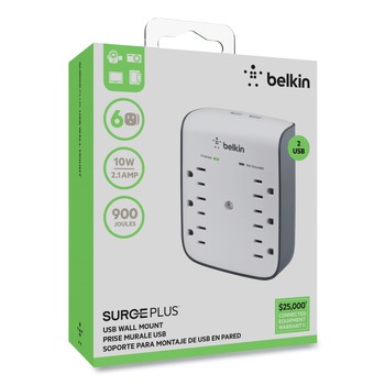 OFFICE ELECTRONICS AND BATTERIES | Belkin BSV602TT 900 J 6 AC Outlets 2 USB Ports SurgePlus USB Wall Mount Charger - White/Black
