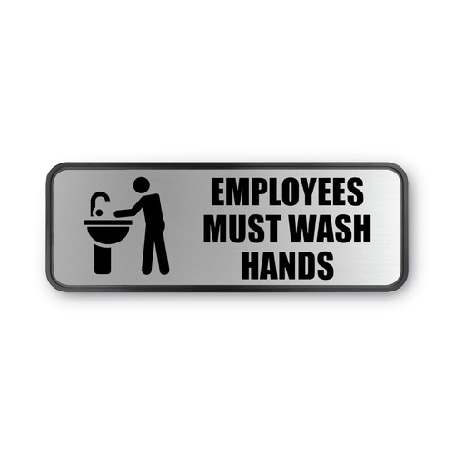 Floor Signs & Safety Signs | Cosco 098205 9 in. x 3 in. Employees Must Wash Hands Brushed Metal Office Sign - Silver image number 0