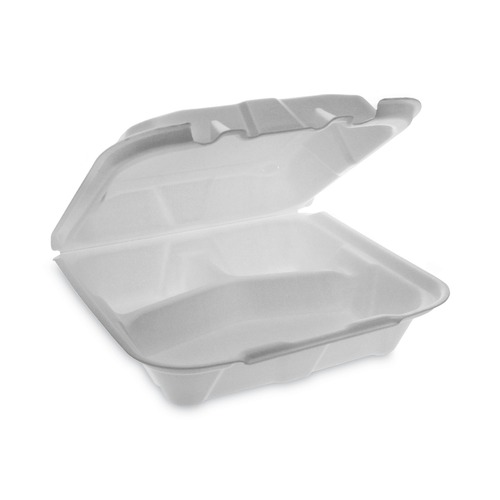 Food Trays, Containers, and Lids | Pactiv Corp. YTD18803ECON 8.42 in. x 8.15 in. x 3 in. 3 Compartments Dual Tab Lock Economy Vented Foam Hinged Lid Container - White (150/Carton) image number 0
