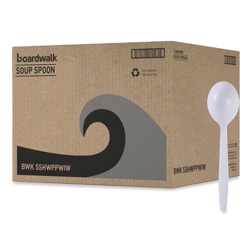 Cutlery | Boardwalk BWKSSHWPPWIW Heavyweight Wrapped Polypropylene Soup Spoon - White (1000/Carton) image number 0