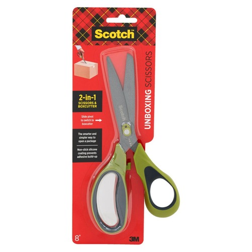 Arts & Crafts Supplies | Scotch 1488NS 8 in. Long 2.7 in. Cut Length Non-Stick Unboxing Scissors - Straight Green/Black Handle image number 0