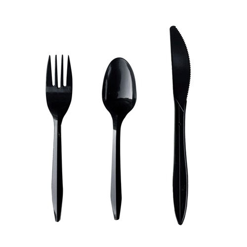 Cutlery | Boardwalk BWK3KITBLPP 3-Piece Mediumweight Plastic Fork/Knife/Spoon Polypropylene Cutlery Kit - Black (250/Carton) image number 0