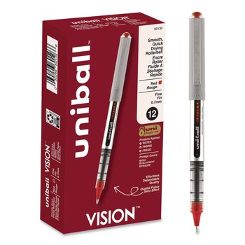 uni-ball 60139 VISION Fine 0.7 mm Stick Roller Ball Pen - Red Ink Silver/Red/Clear Barrel (1-Dozen)