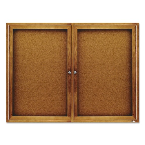 Bulletin Boards | Quartet 364 48 in. x 36 in. Enclosed Indoor Cork Bulletin Board with Two Hinged Doors - Tan Surface/Oak Finished Fiberboard Frame image number 0