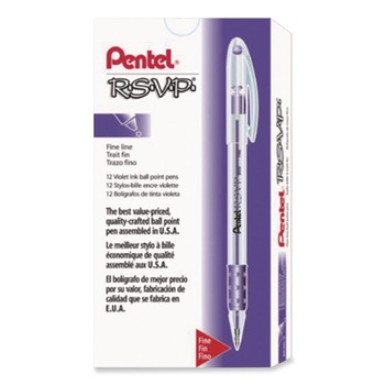 Pentel BK90-V Stick Fine 0.7 mm R.S.V.P. Ballpoint Pen - Violet Ink, Clear/Violet Barrel (1-Dozen)
