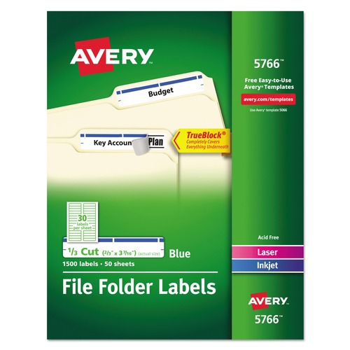Labels | Avery 05766 TrueBlock 0.66 in. x 3.44 in. Permanent Adhesive File Folder Labels - White/Blue (30-Piece/Sheet, 50 Sheets/Box) image number 0