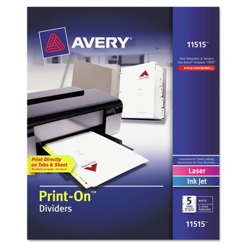 Avery 11515 Print-On 11 in. x 8.5 in. 5-Tab 3-Hole Customizable Punched Dividers - White (5/Pack)