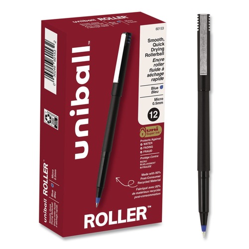 Pens | uni-ball 60153 0.5 mm Stick Roller Ball Pen - Blue Ink/Black/Blue Barrel/Extra-Fine (1-Dozen) image number 0