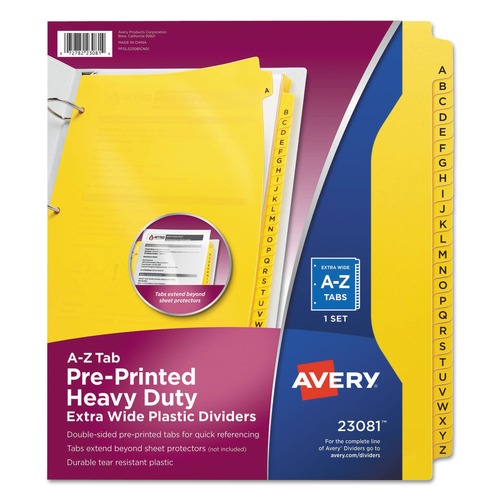 Dividers & Tabs | Avery 23081 11 in. x 9 in. 26-Tab Heavy-Duty Preprinted Plastic A to Z Tab Dividers - Yellow (1-Set) image number 0