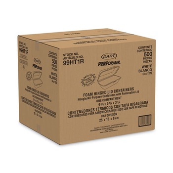 FOOD TRAYS CONTAINERS LIDS | Dart 99HT1R 5.3 in. x 9.8 in. x 3.3 in. Foam Hinged Lid Hoagie Container with Removable Lid - White (500/Carton)