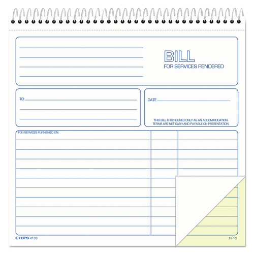 Retail Store Supplies | TOPS 4133 50 Forms Total Two-Part Carbonless 8.5 in. x 7.75 in. Bill for Services Rendered Book image number 0