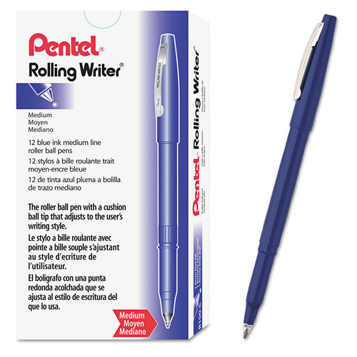 Pens | Pentel R100-C Rolling Writer Medium 0.8 millimeter Stick Rollerball Pen - Blue Ink/Barrel (1-Dozen) image number 0