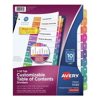 Avery 11135 Ready Index 11 in. x 8.5 in. 10-Tab 1 to 10 Customizable TOC Multicolor Tab Dividers - White/Traditional Color Tabs (1-Set)