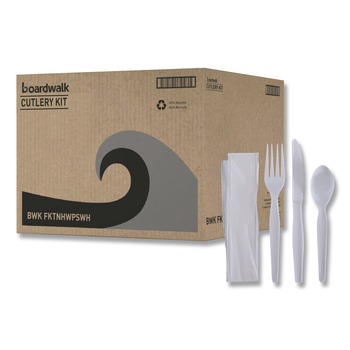 Boardwalk BWKFKTNHWPSWH Heavyweight Fork/Knife/Napkin/Teaspoon 4-Piece Plastic Cutlery Kit - White (250/Carton)