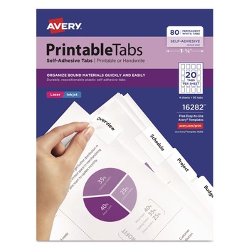 Avery 16282 1.75 in. Wide 1/5-Cut Printable Plastic Tabs with Repositionable Adhesive - White (80/Pack)