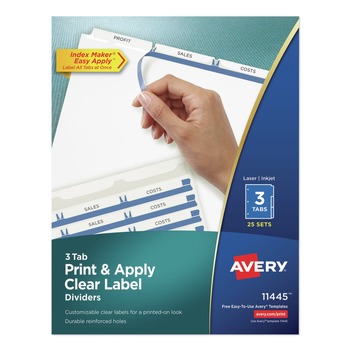 Avery 11445 Index Maker 11 in. x 8.5 in. 3-Tab Print and Apply Clear Label Dividers - White (25/Box)