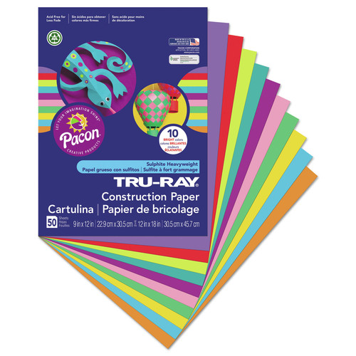 Cover & Cardstock | Pacon P102940 9 in. x 12 in. 76 lbs. Text Weight Tru-Ray Construction Paper - Assorted Bright Colors (50/Pack) image number 0