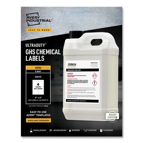 Labels | Avery 60504 UltraDuty 4 in. x 4 in. GHS Chemical Waterproof and UV Resistant Labels - White (50/Box) image number 0