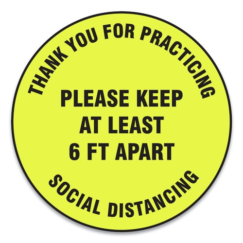 Floor Signs & Safety Signs | GN1 MFS426ESP 12 in. Circle "Thank You For Practicing Social Distancing Please Keep At Least 6 ft. Apart" Slip-Gard Floor Signs - Yellow (25/Pack) image number 0