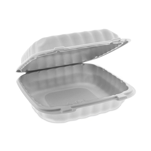 Food Trays, Containers, and Lids | Pactiv Corp. YCN808010000 8.31 in. x 8.35 in. x 3.1 in. EarthChoice SmartLock Plastic Microwavable MFPP Hinged Lid Container - White (200/Carton) image number 0