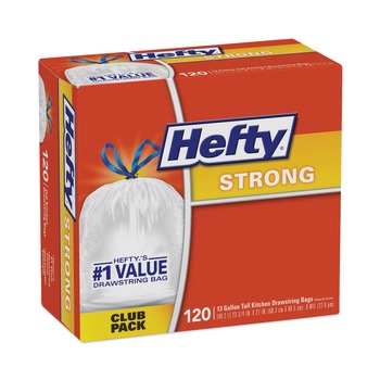 TRASH BAGS | Hefty E84574 23.75 in. x 27 in. 13 Gallon Strong Tall Kitchen Drawstring Bags - White (90/Box)