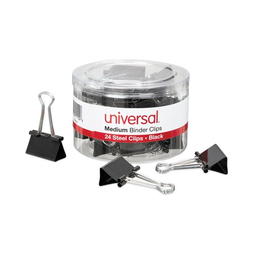 Binding Spines & Combs | Universal UNV11124 Binder Clips with Storage Tub - Medium, Black/Silver (24/Pack) image number 0