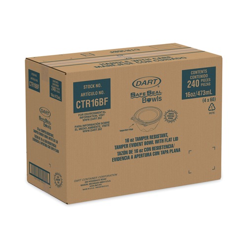Bowls and Plates | Dart CTR16BF 5.5 in. x 2.7 in. 16 oz. Tamper-Evident Flat-Lid Bowls - Clear (240/Carton) image number 0