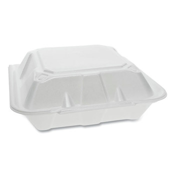 Pactiv Corp. YTD199030000 9.13 in. x 9 in. x 3.25 in. 3 Compartments Dual Tab Lock Vented Foam Hinged Lid Container - White (150/Carton)