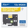 Labels | Brother P-Touch TZEMQ835 0.47 in. x 16.4 ft. Standard Adhesive Laminated Labeling Tape - White/Satin Gold image number 1