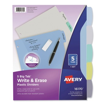 Avery 16170 Write and Erase Big Tab 11 in. x 8.5 in. 5-Tab 3-Hole Punched Durable Plastic Dividers - Assorted (1-Set)