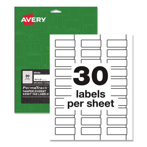 Labels | Avery 60530 0.75 in. x 2 in. PermaTrack Tamper-Evident Asset Tag Labels - White (30/Sheet, 8 Sheets/Pack) image number 0