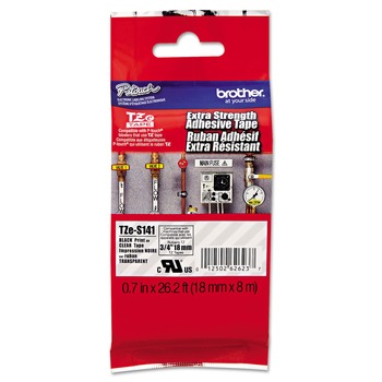 Brother P-Touch TZES141 0.7 in. x 26.2 ft. TZe Standard Adhesive Laminated Labeling Tape - Black on Clear