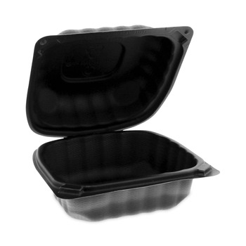 Pactiv Corp. YCNB06000000 EarthChoice 5.75 in. x 5.95 in. x 3.1 in. Microwavable MFPP Plastic Hinged Lid Container With SmartLock - Black (400/Carton)