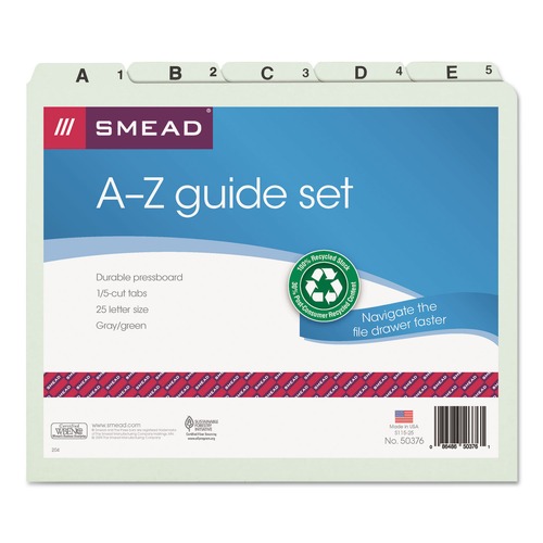 File Folders | Smead 50376 1/5-Cut Tab A to Z 8.5 in. x 11 in. Alphabetic Top Tab Indexed File Guide Set - Green (25/Set) image number 0